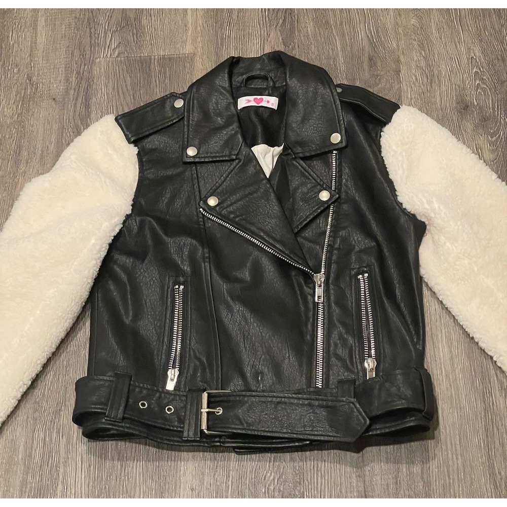 Buddylove Quinn Vegan Faux Leather Jacket Black Sherpa Sleeves Size Small Moto - Picture 3 of 9